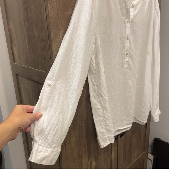 Sigrid Olsen XL Linen Half Button down Pullover Top Shirt Roll Tab sleeves White - Picture 6 of 11